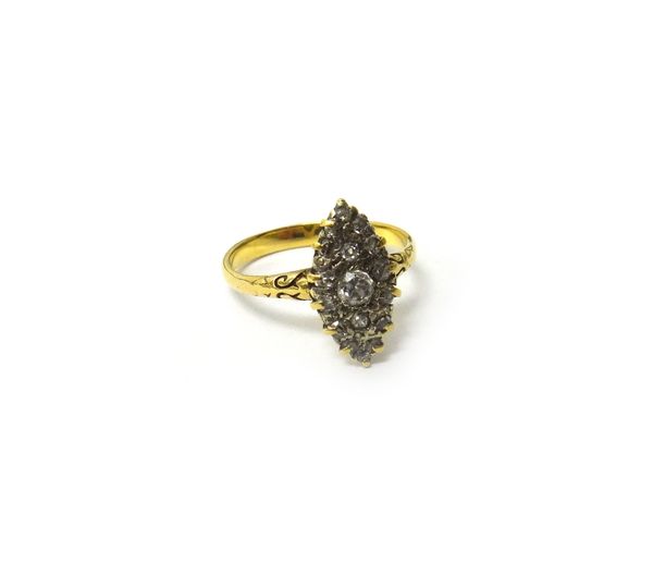 A gold and diamond set marquise shaped cluster ring, mounted with cushion shaped diamonds and with the principal diamond mounted at the centre, ring s