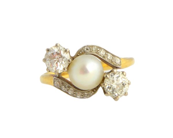 A gold, diamond and cultured pearl ring, mounted with the cultured pearl at the centre, between the two principal cushion shaped diamonds, between dia