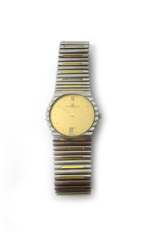 A gentleman's steel and gold Baume & Mercier Quartz bracelet wristwatch, the signed circular gilt dial with gilt dot numerals, Roman at 12 o'clock and