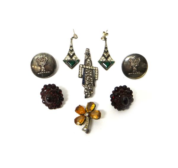 A pair of Bohemian garnet and carbuncle garnet oval cluster earrings, the backs having screw fittings, a pair of green and colourless paste and black