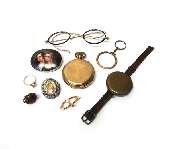 A gold brooch of oval form, mounted with a single cultured pearl, a gilt metal cased, keyless wind hunting cased gentleman's pocket watch, a base meta