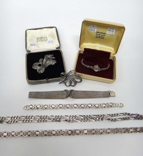A collection of mostly silver and marcasite set jewellery, comprising; a lady's Accurist bracelet wristwatch, a bracelet in a woven link design, an or