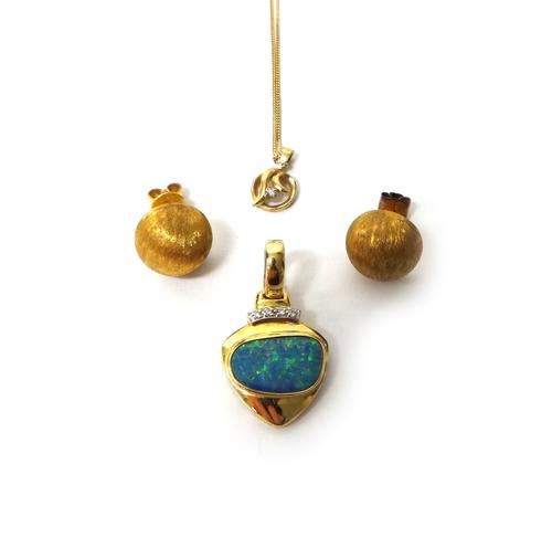 An opal and diamond set pendant, detailed 585, a pair of gold hemispherical earstuds, detailed 14 K, the backs with post and butterfly clip fittings,