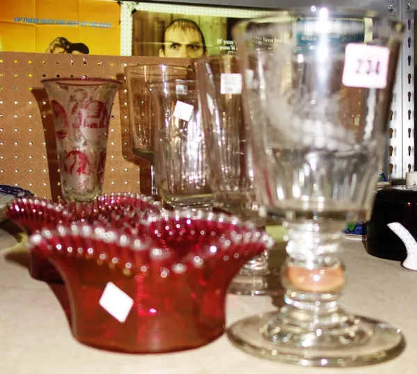 A group of five glass goblets and two cranberry glass dishes. (7)  S1T