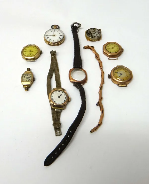 A lady's gold cased, keyless wind, openfaced fob watch, a lady's 9ct gold octagonal cased wristwatch, import mark London 1919 and five further mostly