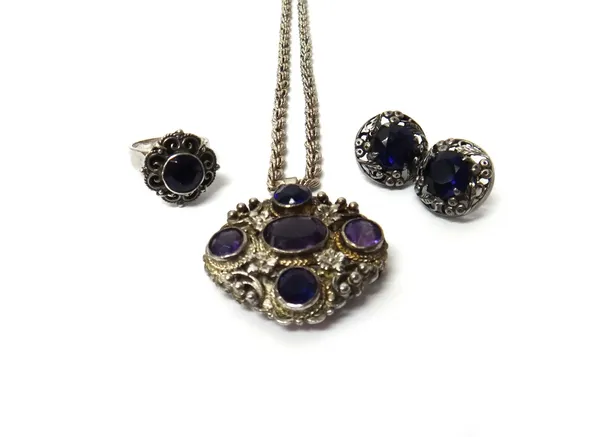A silver and amethyst set five stone pendant brooch, fitted to a ropetwist link neckchain, on a boltring clasp, detailed Sterling, a silver and amethy