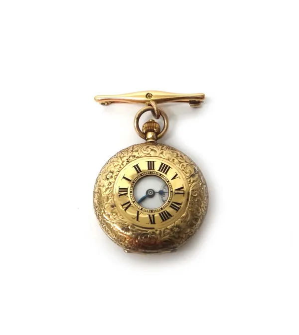A lady's 9ct gold half hunting cased keyless wind pendant fob watch, the gilt Swiss jewelled movement detailed Moeris, the 9ct gold inner case present