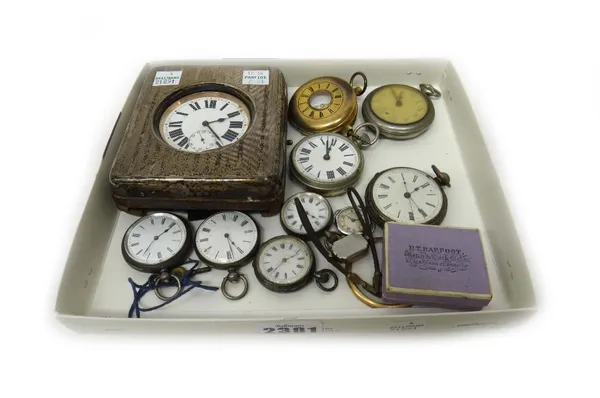 A base metal cased, keyless wind, openfaced Goliath watch, with a silver fronted rectangular travelling case, Birmingham 1911, four lady's fob watches