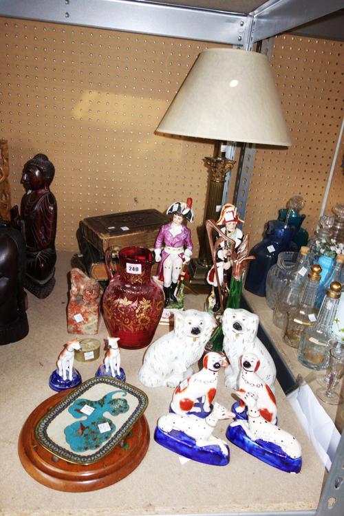 A quantity of ceramics and collectables including Staffordshire type figures, Victorian leather photo albums, cranberry glass jug, brass corinthium co