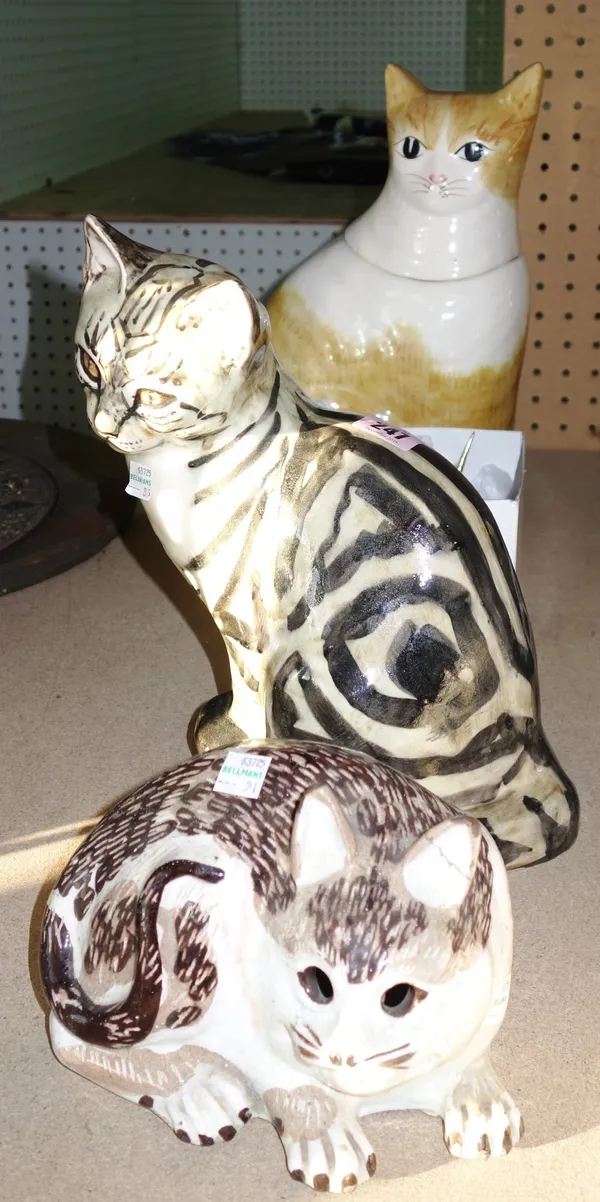 Two pottery models of seated cats and a large lidded pot in the form of a cat and a Herend unicorn. (qty)  S1M