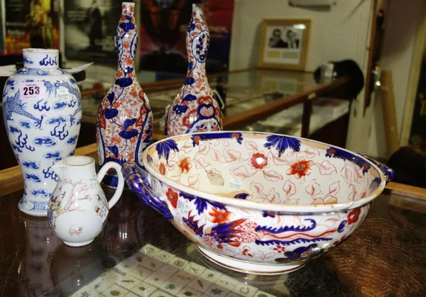 A pair of double gourd shape Oriental Imari vases, a similar bowl, a Kang Xi style vase and a small jug. (qty)  CAB