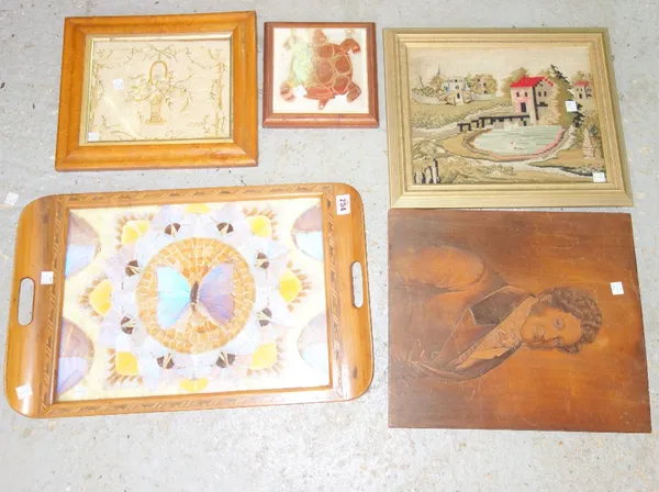 A framed tile depicting a turtle, two samplers, a carved panel depicting a man and a tray inset with insect wings, (5).  S1T
