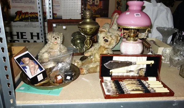 A quantity of collectables including teddy bears, oil lamps, silver plated gesso cherub and sundry. (qty)  S2M