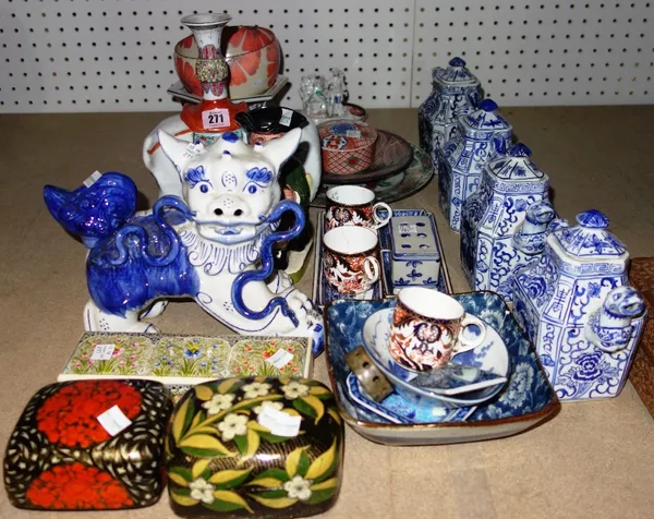 A quantity of ceramics mainly 20th century Oriental including four blue and white teapots, plates, bowls and sundry. (qty)  S3M