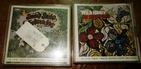 Two mono tape Beach Boys records 3 3/4 I.P.S. EMI; "Smiley Smile" and "Wild Honey" . CAB