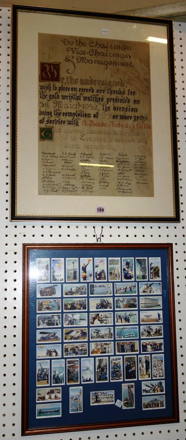 A 1950's vellum framed document and a framed set of cigarette cards. DIS