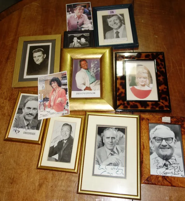 Photographs and signatures, A group of small framed autographs including Ronnie Barker, Tony Adams, Bill Tarmey, Des O'Connor, Sarah Lancashire, Amand