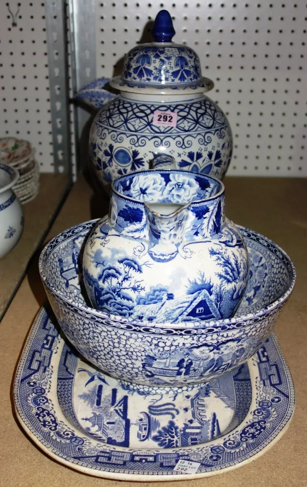 A group of decorative blue and white ceramics including vase, bowl, jugs and sundry. (qty)  DIS