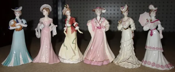 A group of six 20th century Coalport figures including; Lady Emily, 'Evelyn', 'Helena', 'Emma', 'Lydia' and 'May'. (6)  S3T