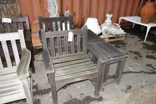 A pair of hardwood garden chairs and a nest of four tables to match. (6)  OUT