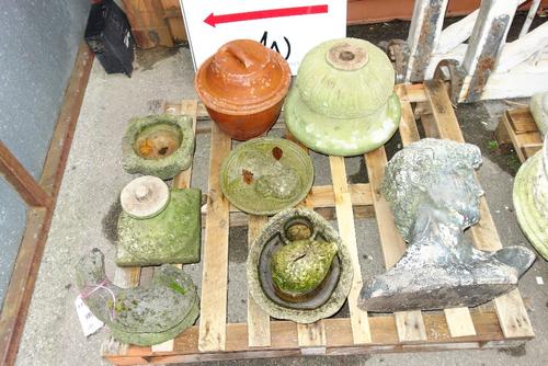 A quantity of garden ornaments to include an urn on stand, a bust of David and sundry. (qty)  OUT