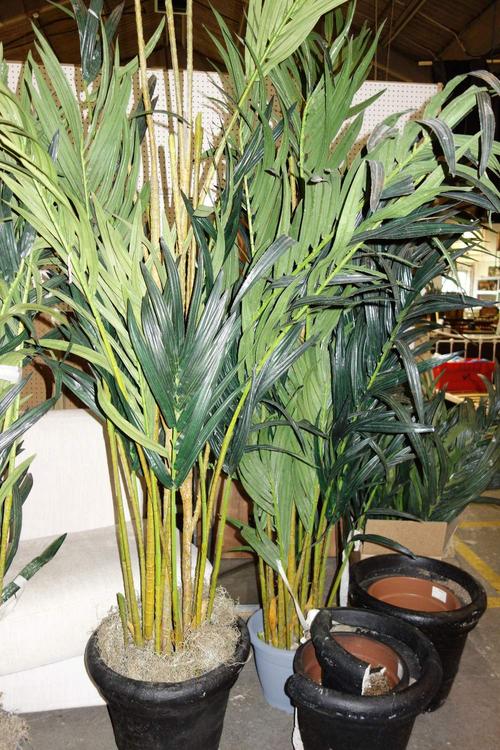 A group of three large faux plants in pots. (3)  OUT