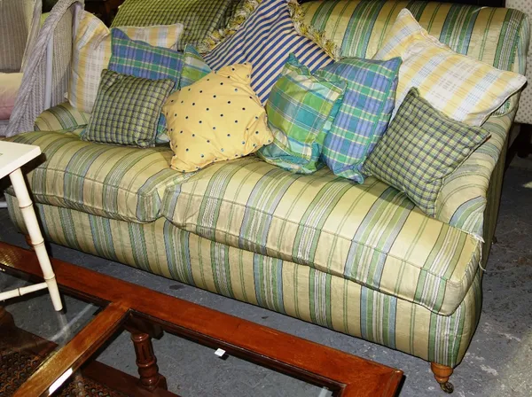 A 20th century yellow and green striped sofa, 160cm wide. M2