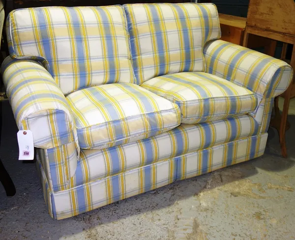A 20th century yellow and blue checkered upholstered sofa, 153cm wide.    G2