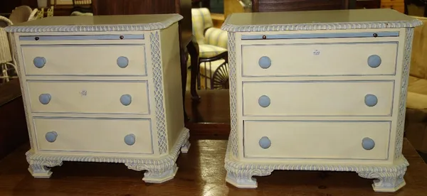 A pair of 20th century yellow and blue painted three drawers bedside chests, 48cm wide. (2)   G4