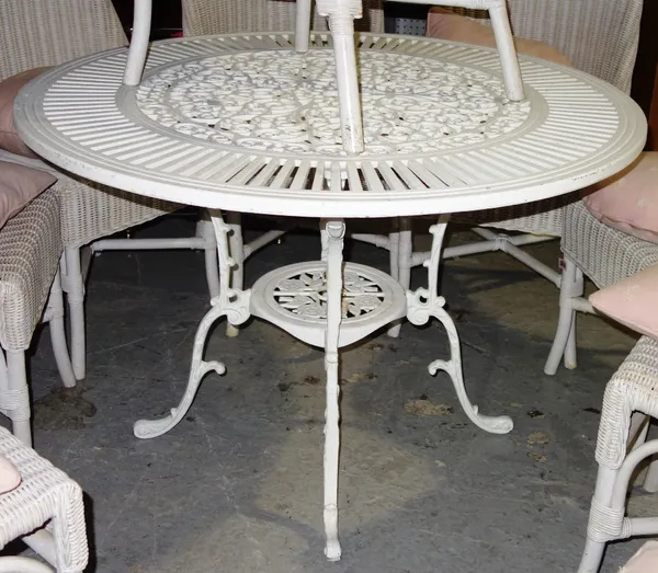 A 20th century circular white painted metal garden table, 107cm wide. I2