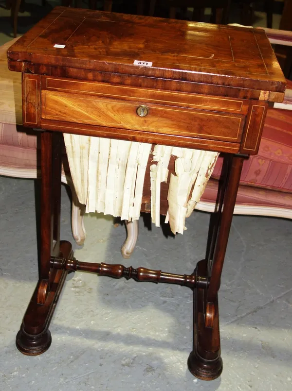 A Victorian walnut inlaid sewing table, 48cm wide.  C2