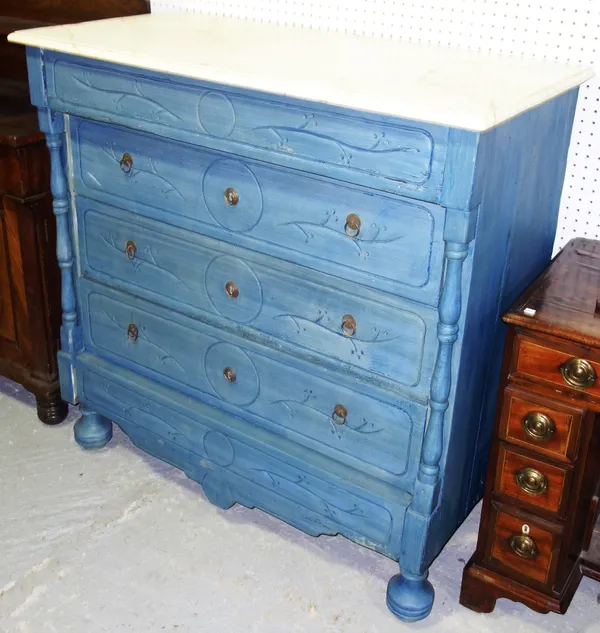 A 20th century blue painted pine chest of five long drawers and faux painted marble top, 106cm wide   G1