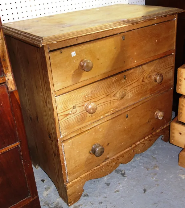 A 20th century pine chest of three long drawers, 85cm wide.  B1