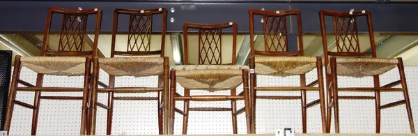 Five mahogany trellis back side chairs (5). S2T