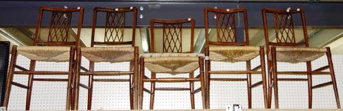 Five mahogany trellis back side chairs (5). S2T