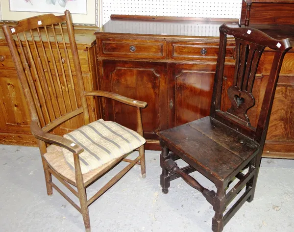 A late 19th century sycamore and ash low chair, an 18th century provincial oak side chair with pierced heart splat back, and a modern stained side cab