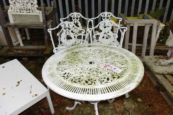 A 20th century white aluminium garden table and four chairs.  (5)  OUT