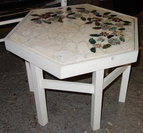 A floral inlaid marble occasional table on white painted base, and a late 19th century Northern French carved oak baguette box (2).  G8Provenance; The