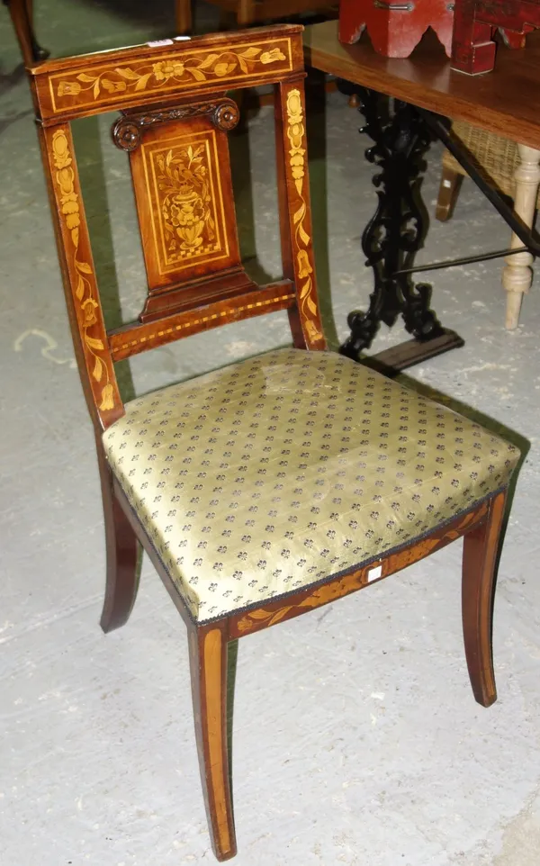 A 19th century Dutch floral marquetry inlaid walnut side chair, on sabre supports.  H7