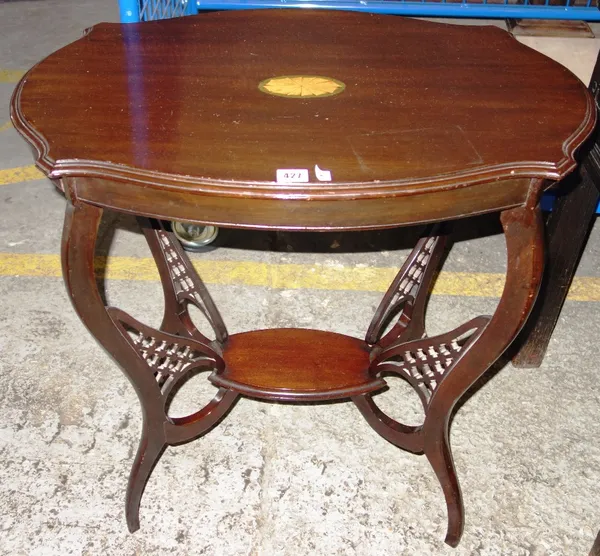 An Edwardian inlaid mahogany shaped two tier occasional table, 69cm wide.  I5