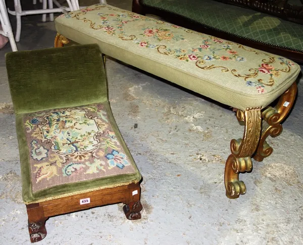 A Victorian rosewood framed double height adjustable footstool on scroll feet, 55cm wide, together with a rectangular footstool, on 'C' scroll support