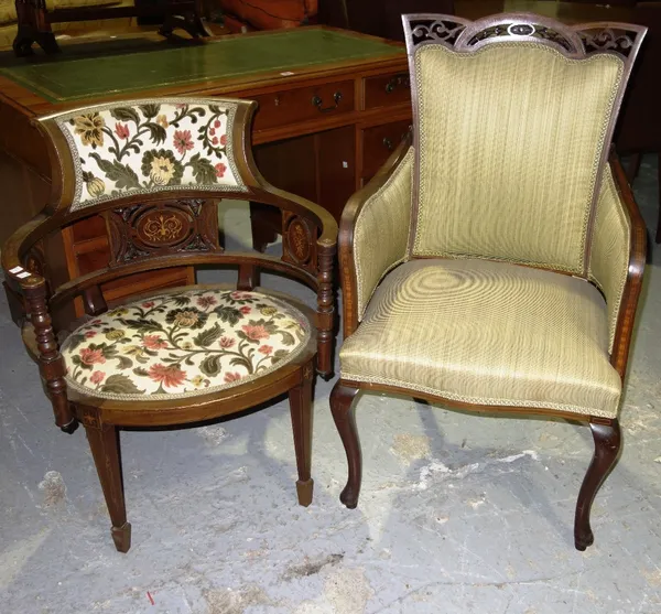 An Edwardian inlaid mahogany armchair with serpentine seat, together with a similar tub example (2).  E2