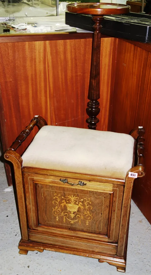 A rosewood lift top piano stool and a mahogany jardiniere stand. (2)  CAB