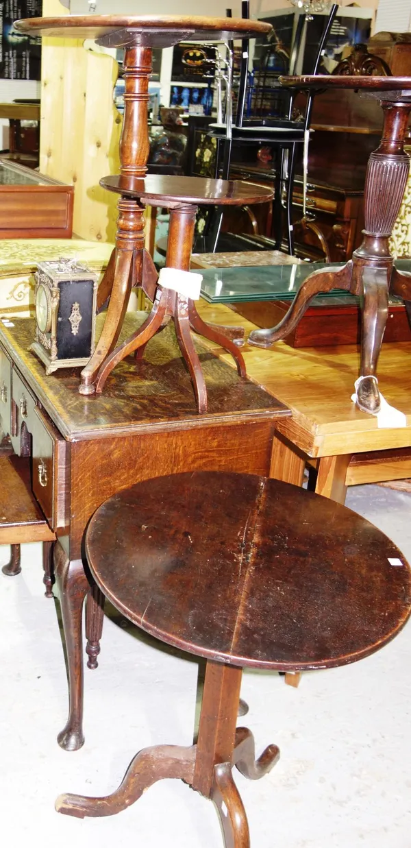 An early 19th century mahogany tripod table (broken and repaired top), and two other tripod tables (3).   E4