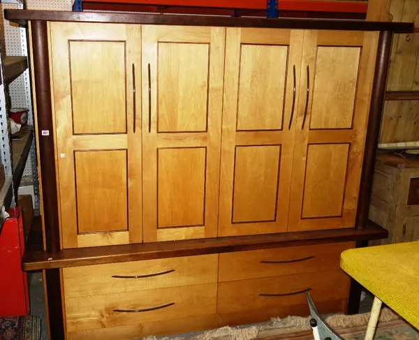 A large 20th century beech and walnut side unit with two pairs of cupboards and four drawers. DIS