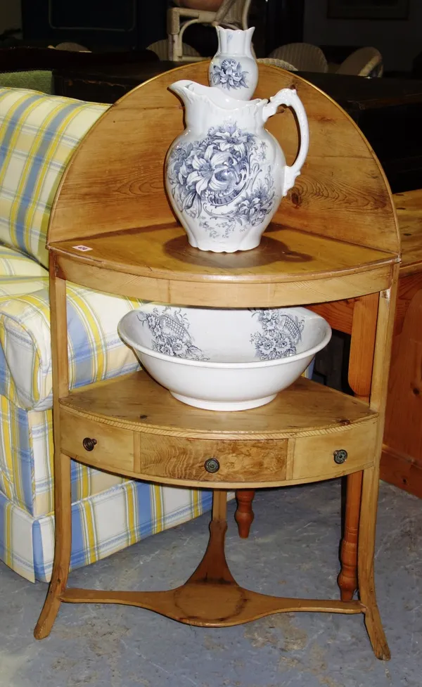 A 19th century pine corner washstand with jug and bowl. (3)  G2