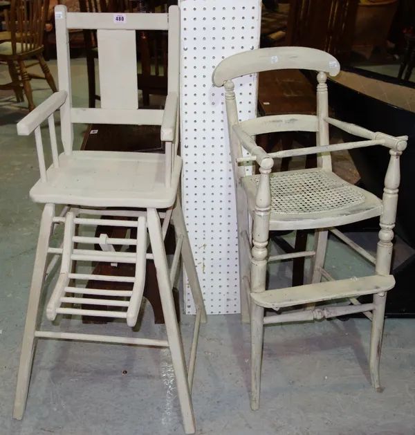 A child's white painted high chair, another similar and a cane chair. (3)  D6