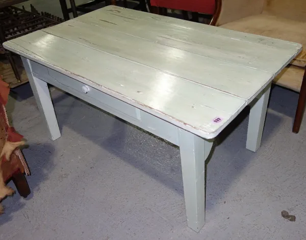 A 20th century green painted pine coffee table with single drawer. C3