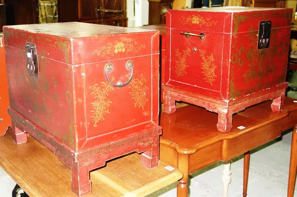 A 20th century Chinese red lacquered box on stand with another similar. (2)  GAL