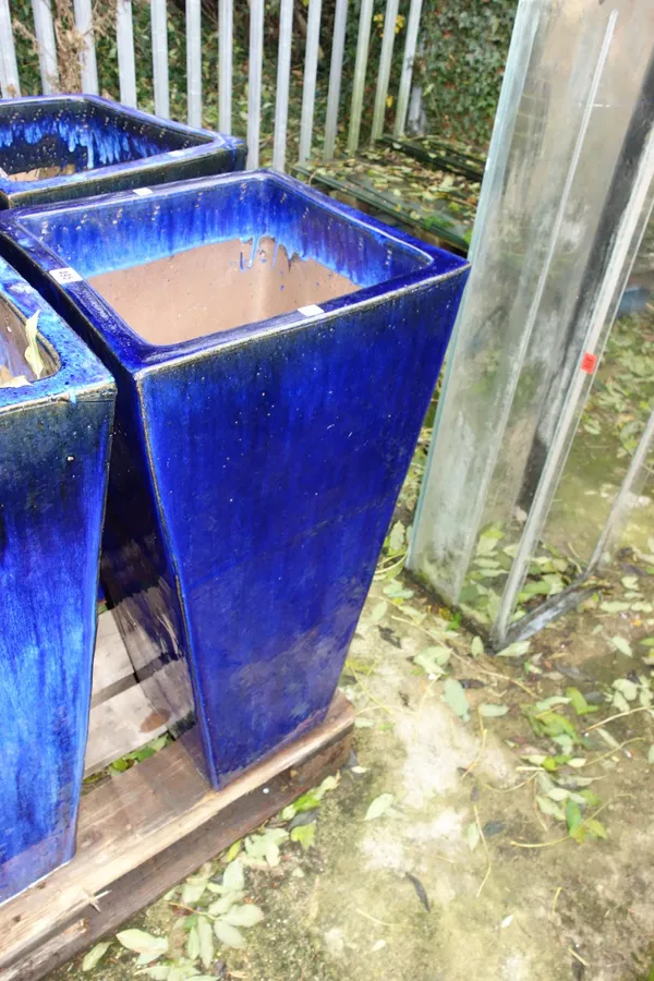 A pair of  large cobalt blue square tapering plant pots. (2)  OUT